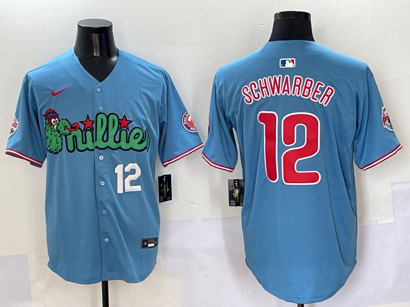 Men Philadelphia Phillies #12 Schwarber Light Blue three generations Joint Name Nike 2025 MLB Jersey style 4